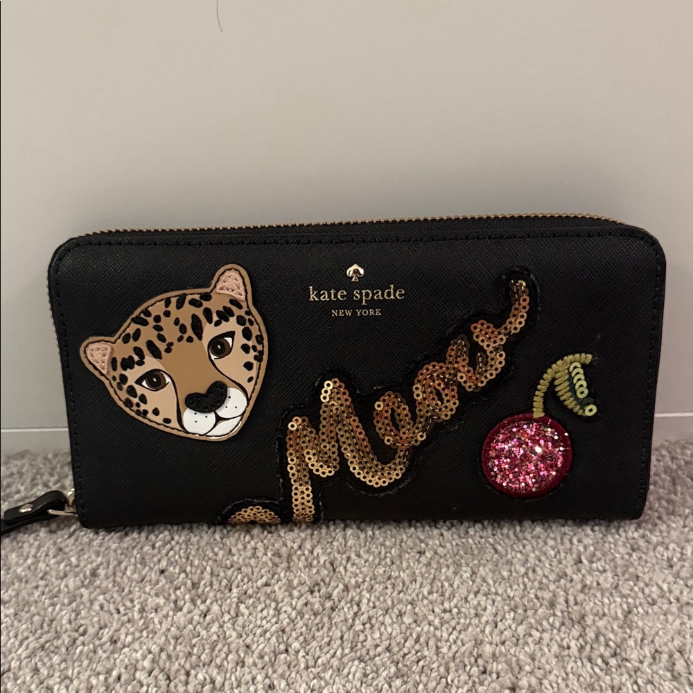 Kate Spade Black Wallet with Leopard and Sequin Details